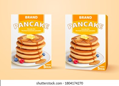 Pancake mix packaging design in 3d illustration, two boxes of pancake mix on beige background