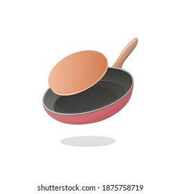 Pancake on a cooking pan. Colored vector illustration. Isolated on white background.