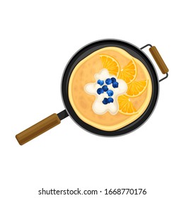 Pancake on Frying Pan with Berries and Sliced Orange Top View Vector Illustration