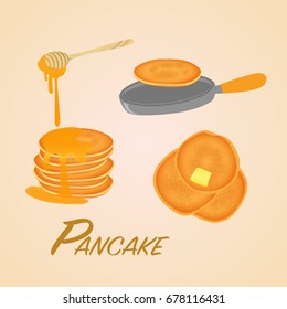 pancake on pan and with honey. top view butter. sweet classic breakfast.vector illustration.