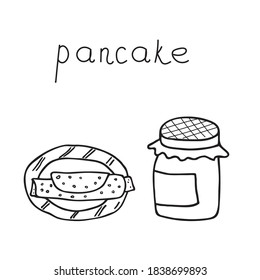 Pancake on a plate and Jam jar. Sweet sketch vector illustration