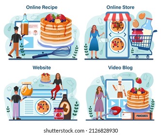 Pancake online service or platform set. Tasty pancake for breakfast with berry and topping. Homemade dessert. Online recipe, store, video blog, website. Flat vector illustration
