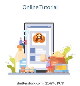Pancake online service or platform. Tasty pancake for breakfast with berry and maple syrup, honey or chocolate topping. Online tutorial. Flat vector illustration