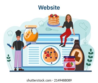 Pancake online service or platform. Tasty pancake for breakfast with berry and topping. Homemade dessert. Website. Flat vector illustration