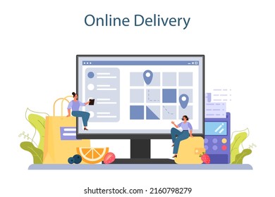 Pancake online service or platform. Tasty pancake for breakfast with berry and maple syrup, honey or chocolate topping. Online delivery. Flat vector illustration