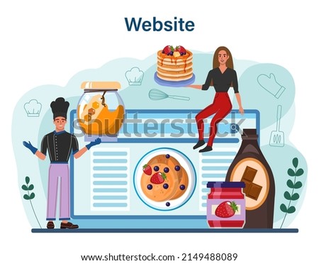 Pancake online service or platform. Tasty pancake for breakfast with berry and topping. Homemade dessert. Website. Flat vector illustration