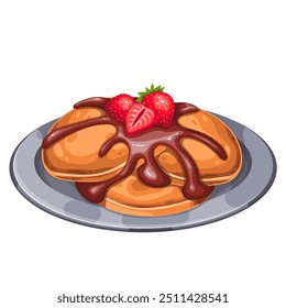 Pancake pile with fresh strawberry and chocolate splash on cartoon plate. Cereal healthy hotcakes heap with brown liquid drips. American morning food mascot, cartoon sweet pancakes vector illustration