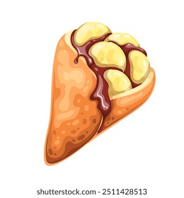 Bolsillo de panqueque con rebanadas de plátano de dibujos animados, gotas de chocolate que fluyen. Triángulo dorado de crepe doblado con relleno de frutas tropicales. Mascota del menú del postre, Ilustración vectorial saludable del panqueque de la historieta