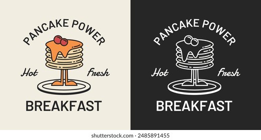 Pancake Power Frühstück Typografie. Stilvolle Pfannkuchen Maskottchen Illustration für druckbare Produkte.