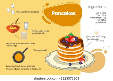 Pancake recipe. Cooking pancakes instruction. Bakery with flour, butter and eggs. Home cooking book. cooking is easy