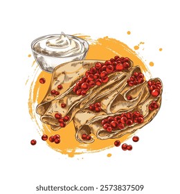 Pancake with red caviar heap and sour cream or butter vector hand drawn illustration. Sea food, natural delicacy product, healthy appetizer, snack color sketch. Fresh roe from Salmon or trout fish