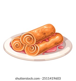 Rollos de panqueque apilados con mermelada de fresa en placa de dibujos animados. Sirviendo crepes caseros con salsa roja dulce. Desayuno, panadería, mascota de la receta del postre, Ilustración vectorial fina de la pila de los panqueques de la historieta