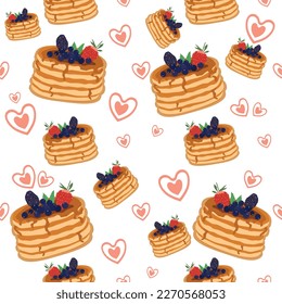 Pancake seamless pattern, dessert on white background, Doodle hand drawn bakery, Vector illustration, Pancake for children textile, fabric and wallpaper.