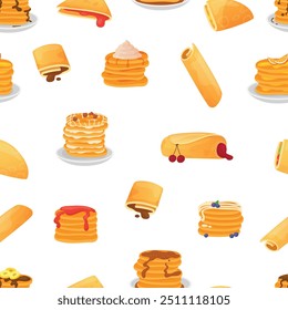 Pancake seamless pattern. Sweet crepes with jam berries chocolate. Pancakes on plate in roll with topping. Food desert print, vector cartoon background