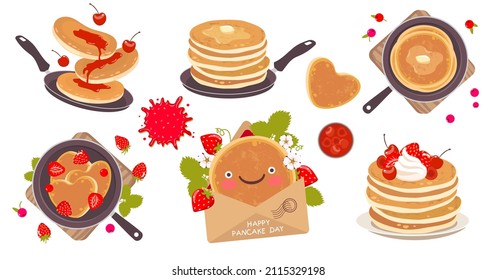 Pancake set with berries. Pancake stack on a frying pan and plate. Vector clipart for Shrove Tuesday.