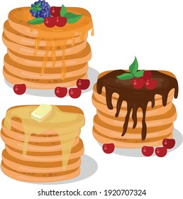 Juego de panqueques. Crepes con mantequilla, cerezas y moras.
Imagen del vector