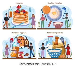 Juego de panqueques. Un delicioso panqueque para el desayuno con jarabe de arce y baya, miel o chocolate. Postre casero. Ilustración vectorial plana