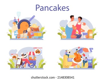 Pfannkuchen-Set. Geschmackvoller Pfannkuchen zum Frühstück mit Beeren und Ahornsirup, Honig oder Schokoladenbrich. Eigener Nachtisch. Flache Vektorgrafik