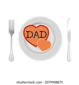 Pancake in the shape of a heart with the inscription dad, vector art illustration.