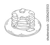Pancake sketch set. Pancakes with maple syrup, honey and butter. Vector graphics.