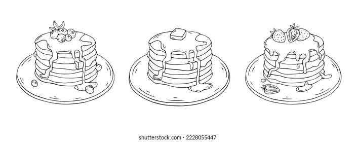 Pancake sketch set. Pancakes with maple syrup, berries, honey. Vector graphics. svg
