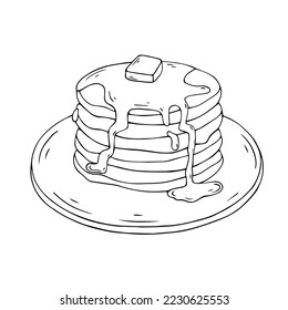 Pancake sketch set. Pancakes with maple syrup, honey and butter. Vector graphics.