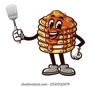 Pancake with spatula, Cartoon Mascot Illustration Character Vector Clip-Art Hand-Drawn Logo Design