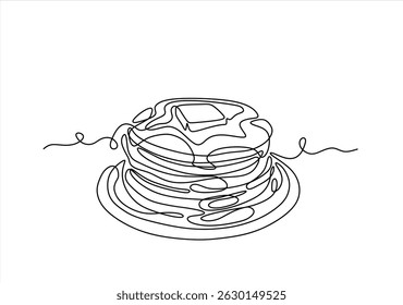 Pancake stack continuous line drawing. Minimalist food concept isolated on white background. Editable stroke.	