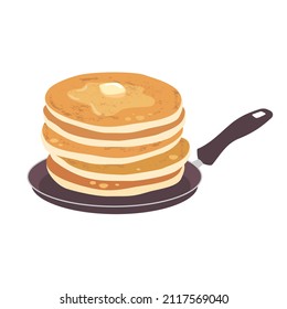 Pancake stack with melting butter in a frying pan. Vector clipart.