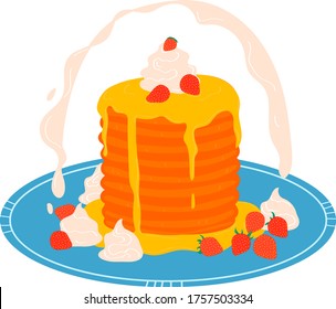 Pancake stack on plate, breakfast concept icon isolated on white, cartoon vector illustration. Appetizing sweet dessert pastry, fritter decorated honey cream and ripe strawberries.