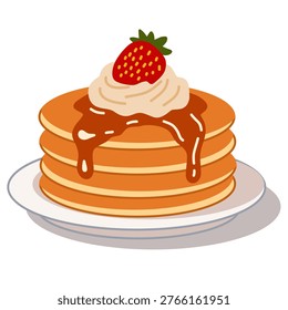 Pancake Stack with Syrup and Strawberry in Flat Vector Style for Breakfast