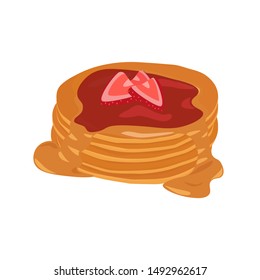 Pancake stack vector isolated clip-art, cartoon style illustration, peanut butter and strawberry jam topping.