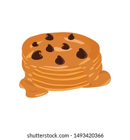 Pancake stack vector isolated clip-art, cartoon style illustration, peanut butter and chocolate chip topping.