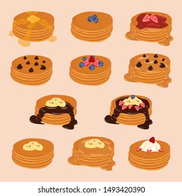 Pancake Stack Vector Isolated Clip-art, Cartoon Style Illustration Set,various Toppings.