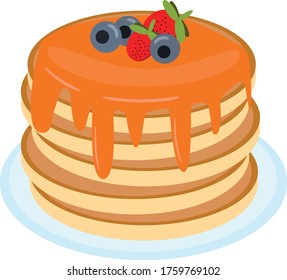 pancake with strawberries and blueberries, maple syrup, honey on a plate in vector flat style, single element for design. food, american dessert