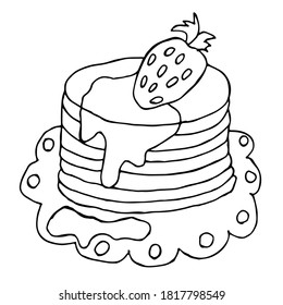 Pancake with strawberries doodle. Isolated pancake on white background. Hand drawn.