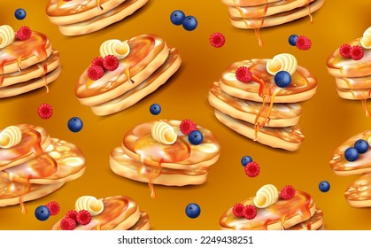 Pancake, strawberry breakfast pattern, cooking 3d isolated elements. Cute food with syrup, restaurant honey and cake. Kitchen print, product packaging. Vector seamless exact background