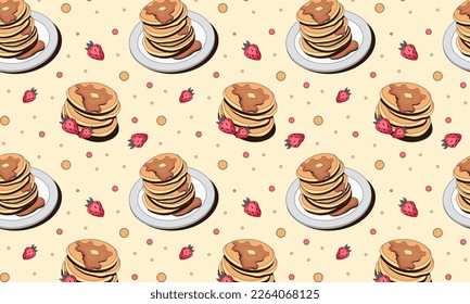 Pancake and strawberry flat pattern vector illustration