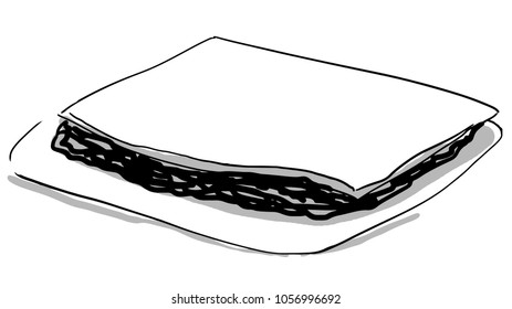 Pancake with stuffing and cheese. Snack. Black and white vector sketch.