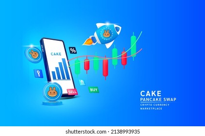 Pancake Swap coin with spaceship flying leave smartphone to the sky and stock chart. App for trading crypto currency in stock market. Mobile banking cryptocurrency. 3d Vector illustration. 