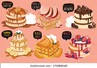 pancake with syrup breakfast dessert caramel sauce peach brownie strawberry pastry