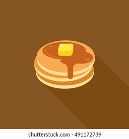 pancake with syrup and butter on top illustration, flat design with long shadow