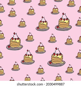 pancake with syrup, strawberry, cherry and cream toppings illustration on pink background. pancake on the plate. seamless pattern. hand drawn vector. doodle art for wallpaper, wrapping paper, backdrop