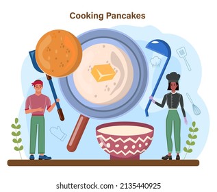 Pancake. Tasty pancake for breakfast with berry and maple syrup, honey or chocolate topping. Homemade dessert. Flat vector illustration