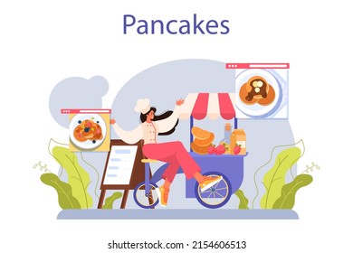Pancake. Tasty pancake for breakfast with berry and maple syrup, honey or chocolate topping. Homemade dessert. Flat vector illustration