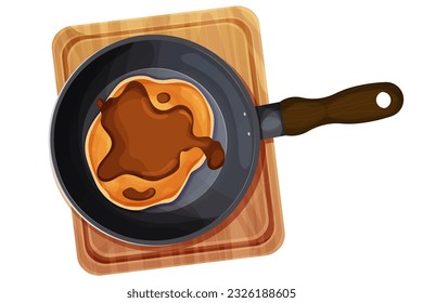 Pancake top view with butter in frying pan, wok with chocolate on wooden board in cartoon style isolated on white background. Circle dessert, breakfast. 