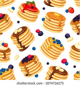 Pancake with traditional topping, classic sweet breakfast. Home cooking decoration. Vector flat style cartoon pancake illustration isolated on white background