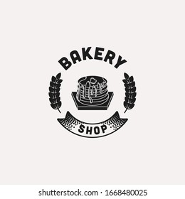 pancake, vintage bakery logo Ideas. with ribbon and wheat. Inspiration logo design. Template Vector Illustration. Isolated On White Background