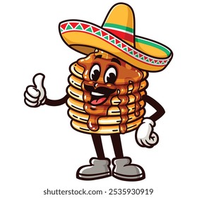 Panqueca vestindo um sombrero, ilustração mascote de desenhos animados personagem vetor clip-art desenhado à mão Logo Design