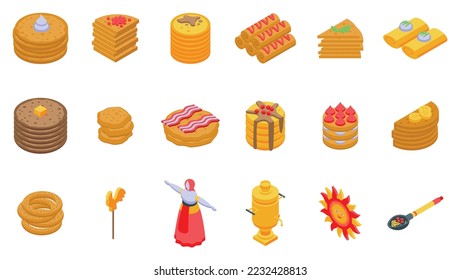 Pancake-Wochen-Symbole setzen isometrische Vektorgrafik. Essen Sie Butter. Honigmenü